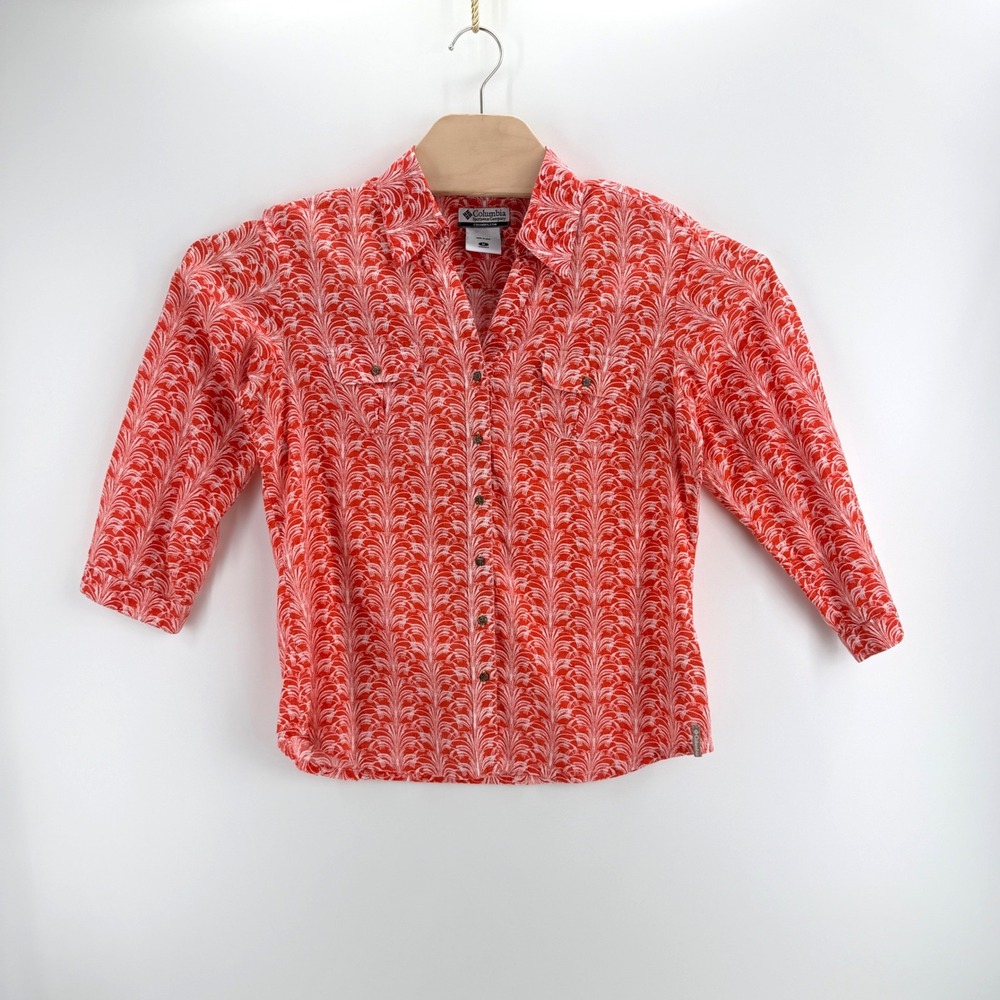 Columbia Hawaiian Button Up Shirt Size M 100% Cotton Orange White Tropical Hike